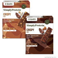 Simply Protein - Crispy Bars Variety Pack, Peanut Butter + Dark Chocolate Almond - Plant Based Protein Bars - 13G Protein, 2G Sugar, 7G Fiber - Vegan, Gluten Free, Non Gmo - 16 Bars, 2 Boxes