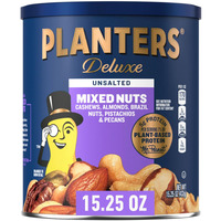 Planters Deluxe Unsalted Mixed Nuts, Party Snacks, Plant-Based Protein, 15.25 Oz Canister
