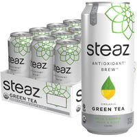 Steaz - Organic Green Tea - Zero Calorie Half & Half (12 Pack) - Antioxidant Brew - 65Mg Natural Caffeine, Vitamin C - Stevia Sweetened Iced Tea - Vegan, Fair Trade - 12 Cans, 16 Fl Oz (473Ml)