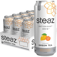 Steaz - Organic Green Tea - Zero Calorie Peach Mango (12 Pack) - Antioxidant Brew - 65Mg Natural Caffeine, Vitamin C - Stevia Sweetened Iced Tea - Vegan, Fair Trade - 12 Cans, 16 Fl Oz (473Ml)