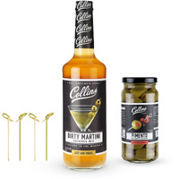 Collins Dirty Martini Kit, Gin Cocktail Mix, Stuffed Gourmet Olives, Drink Picks, Olive Brine Mixer, Set Of 3 Bar Accessories For Making Drinks
