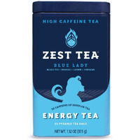 Zest Tea Premium Energy Hot Tea, High Caffeine Blend Natural & Healthy Traditional Black Coffee Substitute, Perfect For Keto, 150 Mg Caffeine Per Serving, Blue Lady Black Tea, Tin Of 15 Sachet Bags