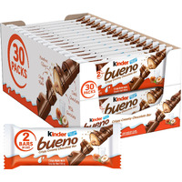 Kinder Bueno, Bulk 30 Pack, Milk Chocolate And Hazelnut Cream, Stocking Stuffers, 2 Individually Wrapped Chocolate Bars Per Pack, 1.5 Oz Each
