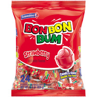 Colombina Bon Bon Bum Lollipops W/Bubble Gum Center, Strawberry Flavor, Individually Wrapped, Ideal For Party Favors And Gifts, 1 Pack (24 Count)