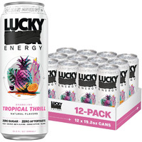 Lucky Energy Sugar Free Energy Drinks 19.2 Fl Oz Cans (Pack Of 12) Healthy Energy Drink. Tropical Thrill With Maca, Ginseng, Taurine, Beta-Alanine, 200Mg Caffeine (Packaging May Vary)
