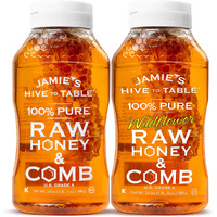 Jamies Hive To Table Pure Local Honey & Wildflower - Raw And Unfiltered Honey & Honeycomb - All-Natural Sweetener- Rich Flavor Profile - 24Oz Squeeze Bottle, 2 Pack