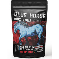 Blue Horse 100% Kona Coffee, Dark Roast, Arabica Whole Beans, 1 Lb (16 Oz) Bag, Farm Fresh, Authentic Hawaiian Coffee Beans From Hawaiis Big Island