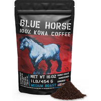 Blue Horse 100% Kona Coffee (Ground), Medium Roast Arabica Coffee, 16 Oz (1 Lb) Bag, Farm Fresh, Authentic Hawaiian Coffee From The Big Island, Smooth & Bold Flavor, Hand-Picked & Sun-Dried For Rich Aroma