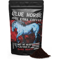 Blue Horse 100% Kona Coffee, Dark Roast Ground Arabica, 16 Oz (1 Lb) Bag. Farm Fresh Hawaiian Coffee, Smooth & Bold Flavor, Hand-Picked & Sun-Dried For Rich Aroma