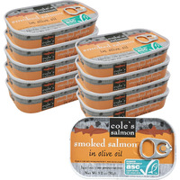 Cole's Seafood - Hand Packed Smoked Salmon In Olive Oil, Preservative Free Seafood, Canned Fish, High In Protein And Omegas, 3.2 Oz Can | Pack Of 10