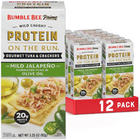 Bumble Bee Prime Protein On The Run Tuna Snack Kit, Pack Of 12 - Gourmet Tuna Marinated In Olive Oil & Mild Jalapeno With Crackers And Serving Utensil - 20G Of Protein Per Serving