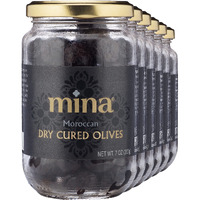 Mina Dry Cured Black Olives, 7 Oz (Pack Of 6) - Moroccan Olive Oil Cured Olives, Premium Handpicked And Naturally Cured Dried Olives, Non Gmo, Gluten Free, Low Carb, Vegan, Great Paleo Keto Snacks