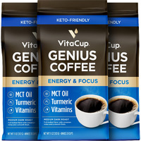 Vitacup Genius Ground Keto Coffee W/Turmeric, Mct Oil, B Vitamins, D3, Ground Coffee Medium Dark Roast, Bold & Smooth, 100% Arabica Coffee Grounds, 3 Bags, 11Oz Each