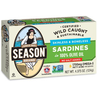 Season Sardines In Olive Oil - Skinless & Boneless, No Salt Added, Wild Caught, 22G Of Protein, Keto Snacks, More Omega 3's Than Tuna, Kosher, High In Calcium, Canned Sardines - 4.37 Oz Tins, 12-Pack