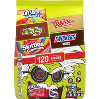 Snickers Minis, Skittles Gummies Fun Size, Life Savers Gummies Fun Size, Milky Way Minis & Twix Minis Milk Chocolate Halloween Candy And Gummy Halloween Candy Individually Wrapped Trick Or Treat Halloween Candy Variety Pack, 120 Ct Bulk Bag