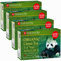 Uncle Lee's Organic Green Tea Bags 4-Pack, 106-Count Super Packs - Bright & Refreshing, Lightly Caffeinated Bulk Tea For Home, Office, Camping