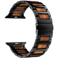 Iiteeology Compatible With Apple Watch Band, Natural Wooden Steel Link Bracelet For Iwatch Ultra 2/ Ultra/Series 1-10 49Mm 46Mm 45Mm 44Mm 42Mm - Black