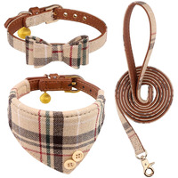 3 Pcs Dog Collars For Small Puppy Collar And Leash Set, Bow Tie With Bell, Bandana Leather For Small Dogs Puppies And Cats(Beige)
