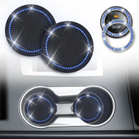 Econour Car Cup Coasters Black (2 Pack) With Blue Push Start Button Bling Ring (1 Pack) | Anti-Slip Car Coasters For Cup Holders | Classy & Elegant Blue Rhinestone Car Interior Accessories For Women