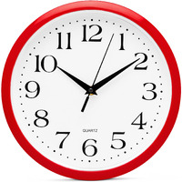 Bernhard Products Red Wall Clock Silent Non Ticking - 10 Inch Quality Quartz Battery Operated Round Easy To Read Home/Kitchen/Office/Classroom/School Clocks, Vintage Retro Red Frame Black Numbers