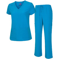 Natural Uniforms Womens Cool Stretch V-Neck Top And Cargo Pant Set (Water Blue, Large)
