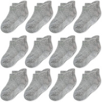 Cozyway Baby & Toddler Socks With Grippers - 6-12 Months Gray Ankle-Grip 12-Pack - Non-Slip Cotton Reinforced Toe - Easy On & Off Heel Tab - Unisex Toddler Grip Socks