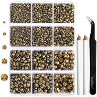 6736Pcs Hotfix Rhinestones Flatback,Gold Rhinestones For Crafts Clothes Mixed 5 Sizes, Hotfix Crystals With Tweezers And Wax Pencil Kit, Ss6-Ss30,Aurum