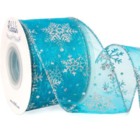 Ribbli Snowflake Glitter Wired Ribbon,Turquoise Blue Organza Sheer Ribbon With Silver Glitter Snowflake Pattern And Silver Metallic Edge,2-12 Inch X 10 Yards Christmas Ribbon For Tree Decoration