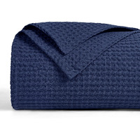 Phf 100% Cotton Waffle Weave Blanket Queen Size 90"X90"- Washed Warm Soft Lightweight Breathable Blanket For All Season-Perfect Blanket Layer For Couch Bed Sofa-Elegant Home Decoration-Navy Blue