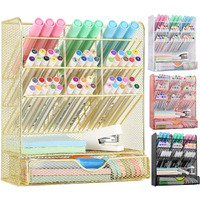Spacrea Mesh Pen Organizer - Pencil Holder For Desk, Desk Organizer With Drawer For School, Home, Art Supplies (Gold)