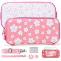 Tscope Cute Carrying Case For Nintendo Switch Lite, Pink Sakura Portable Hard Shell Girls Travel Storage Bag, With Glass Screen Protector & Thumb Grip Caps (Switch Lite Pink)