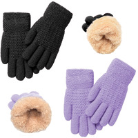 Winter Gloves For Boys Girls - Kids Warm Knit Thermal Cable Knitted Gloves Wool Fleece Lined Mittens For Cold Weather (Black+Purple, 2 Pairs)