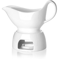 Nucookery Large 14 Oz Gravy Boat With Saucer - White Fine Porcelain Saucier With Big Dripless Lip Spout - Bowl For Thanksgiving, Warming Sauces, Salad Dressings, Milk, More - Microwave & Freezer Safe