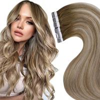 Laavoo Brown Balayage Tape In Hair Extensions Human Hair 20Pcs 50G 16Inch Ombre Medium Brown To Platinum Blonde And Brown Tape In Extensions Remy Human Hair Straight