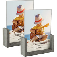Petaflop 5X7 Picture Frame Set Of 2, Double Sided Glass Photo Frames 5 By 7, Rustic Wooden Frame For Desk Tabletop Display, Light Gray
