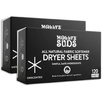 Molly's Suds All Natural Fabric Softener Dryer Sheets For Sensitive Skin | Compostable, Plant-Based Static Reducer | Great Holiday, Christmas Gift | Bundle Of 2, Unscented (240 Sheets Total)