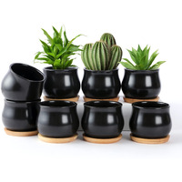 Shecipin 8 Pack Succulent Plant Pot, Matte Black Mini 2.6 Inch Ceramic Flower Planter Pot With Bamboo Tray, Small Pots For Plants, Plants Not Included