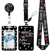 Funny Nurse Lanyards For Id Badges Name Tags Id Card Holder, Id Badge Holder With Breakaway Lanyard, Cute Badge Reel Badge Clip Retractable, Coffee Scrubs And Rubber Gloves (Black)