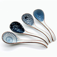 Jobntz Asian Soup Spoon,Ceramic Ramen Spoons Japanese Style For Pho, Miso Soup, Dumpling, Noodles, Chinese Wonton Dishwasher Safe - Set Of 4 - Blue