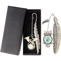 2 Pack Vintage Feather Metal Bookmark, Unique Glow In The Dark Bookmark Gift For Men Women(Dragon & Owl Antique Silver)