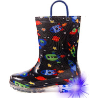Hugrain Kids Boys Rain Boots Toddler Light Up Printed Waterproof Shoes Lightweight Adorable Cute Black Cosmos Roket Rubber With Easy-On Handles And Insole (Size 12,Black)
