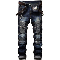 Aititia Mens Biker Zipper Deco Washed Straight Fit Jeans (40W X 32L, Dark Blue)