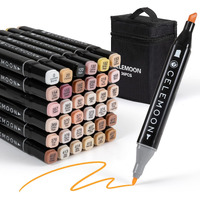 Celemoon 36 Skin Tone Colors Dual Tip Alcohol Markers Pens, Fine And Broad Chisel, Sketch Art Marker, Permanent For Coloring, Drawing, Portrait Illustration, Mid-Tone Skin Tone And Hair Shades