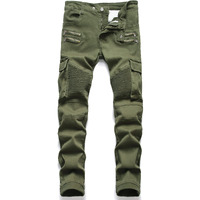 Aititia Mens Biker Zipper Deco Washed Straight Fit Jeans (30, 007 Green)