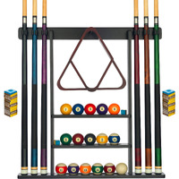 Pool Cue Rack - Pool Stick Holder Wall Mount With 16 Ball Holders & 6 Pack Of Chalk - Rubber Circle Pads & Large Clips Prevent Damage - Compact Billiard Table Accessories For Man Cave (Black)