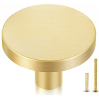 Qogrisun 10-Pack Solid Brass Cabinet Knobs, 1-5/16-Inch Diameter, Round Gold Dresser Drawer Pulls Handles, Modern Kitchen Hardware, Brushed Brass Finish