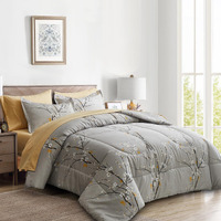 Gray Comforter Sheet Set Bed In A Bag 7 Pieces King Size Tree Branch Bloom Flower Spring Summer Bedding Set (1 Comforter 2 Pillow Shams 1 Tan Flat Sheet 1 Fitted Sheet 2 Pillowcases)