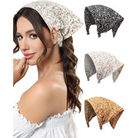 Awaytr 3Pcs Hair Bandana For Women Girls Hair Scarf Headband Bandana Double Layer Triangle Head Kerchief Boho Hair Band (Floral - Yellow/Black/Beige)