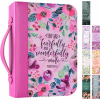 Bible Cover Case For Women With 7 Paper Bookmarks Sets Floral Pu Leather Bible Cover Bag With Pockets And Zipper For Standard And Large Size Study Bible 10.8"X7.7"X2" (Purple Floral)