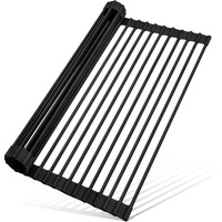 Merrybox Roll Up Dish Drying Rack Silicone Wrapped Over The Sink Dish Drying Rack Multipurpose Foldable Sink Drying Mat Anti-Slip & Anti-Rust Dish Rack For Kitchen, 17.5\" X 13\", Black